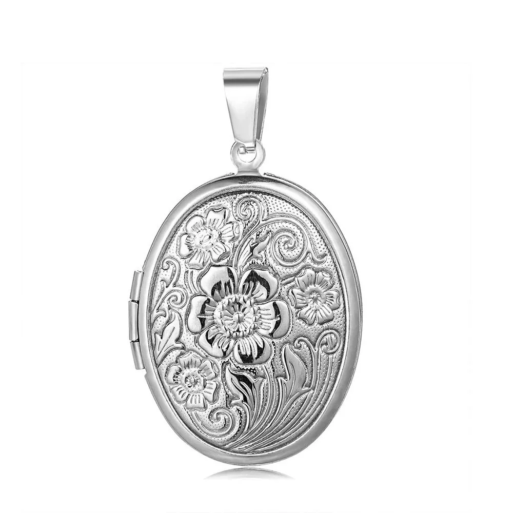 Engraved 316 Stainless Steel Oval Locket Necklace - Silver Oval B