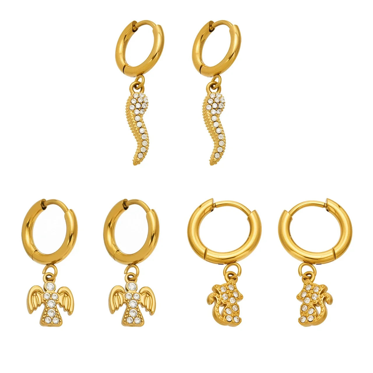 Brincos de Argola com Pingentes de Zircónia Cúbica, Aço Inoxidável 316