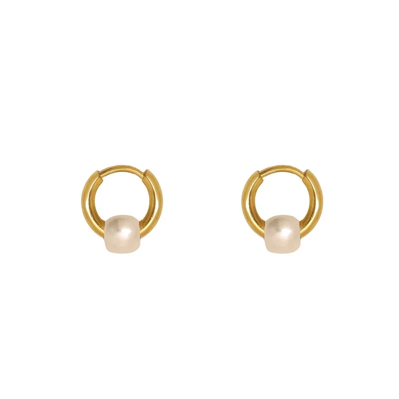 Petite Stainless Steel Pearl Huggie Hoop Earrings