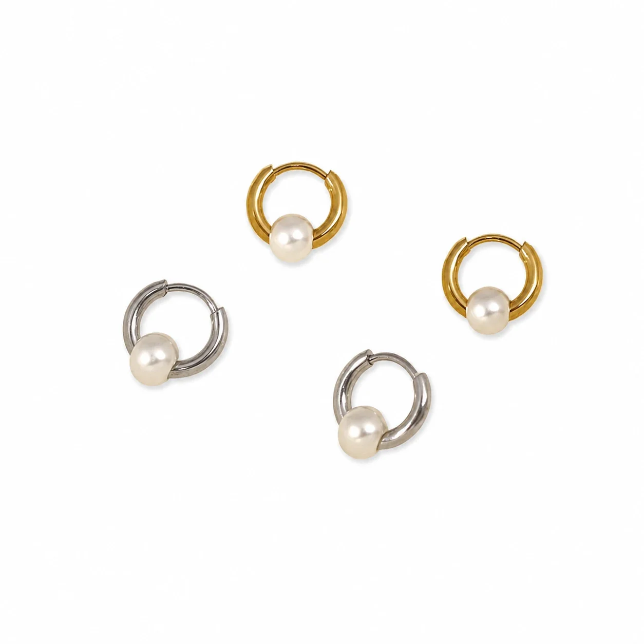Petite Stainless Steel Pearl Huggie Hoop Earrings