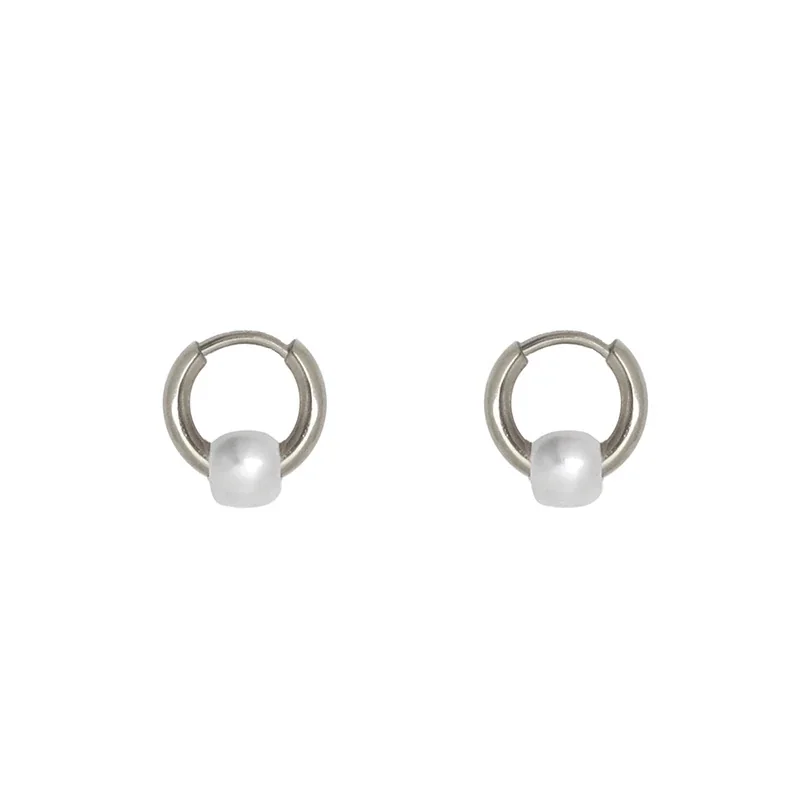 Petite Stainless Steel Pearl Huggie Hoop Earrings - Silver