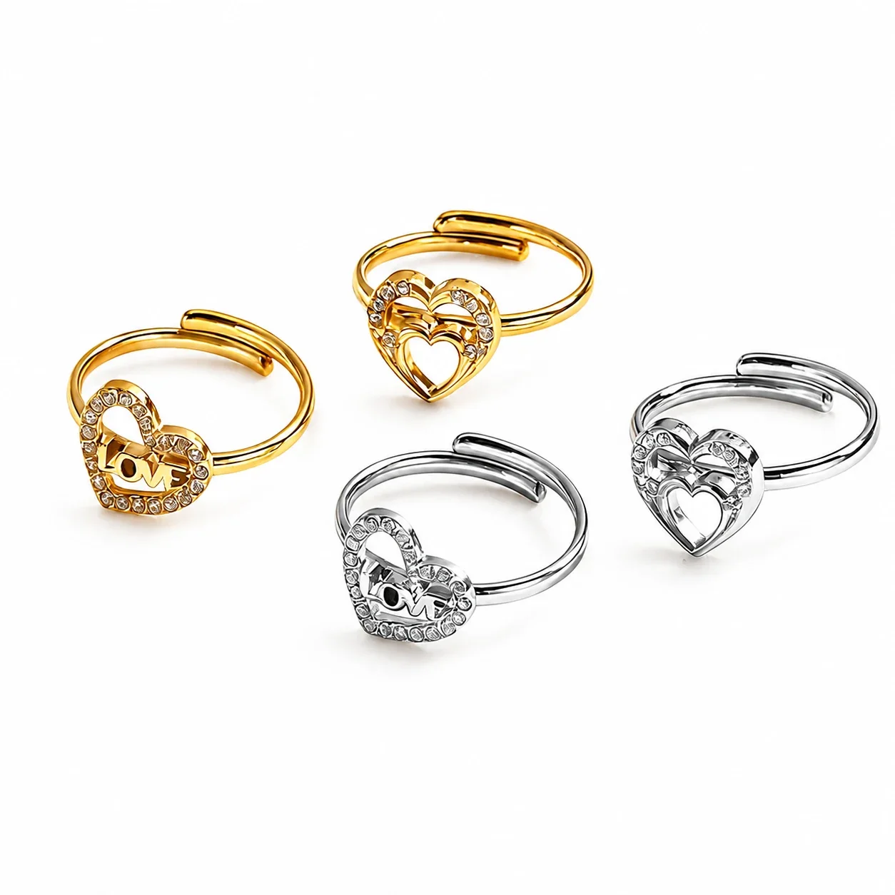 Ring with Adjustable Band, Crystal Heart Motifs, Stainless Steel