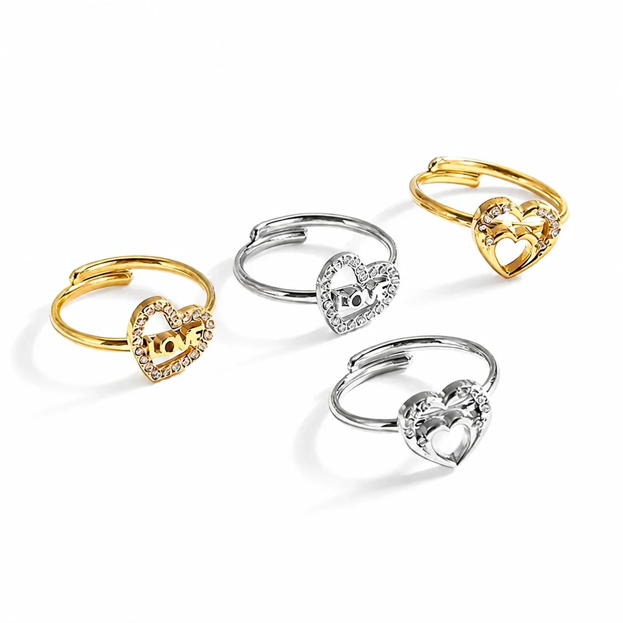 Ring with Adjustable Band, Crystal Heart Motifs, Stainless Steel