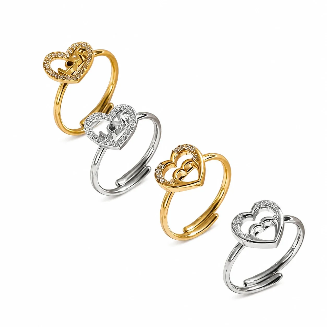 Ring with Adjustable Band, Crystal Heart Motifs, Stainless Steel