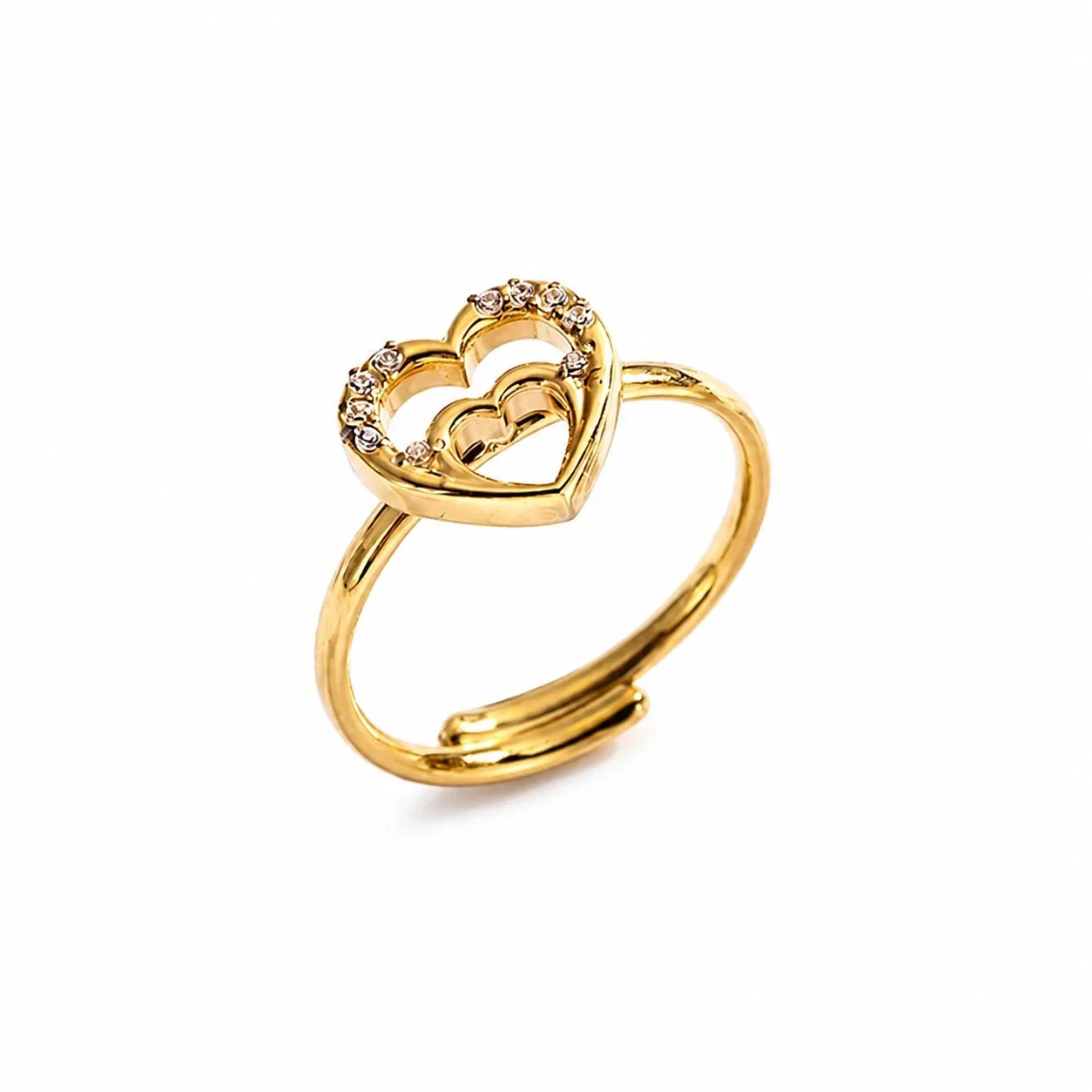 Ring with Adjustable Band, Crystal Heart Motifs, Stainless Steel