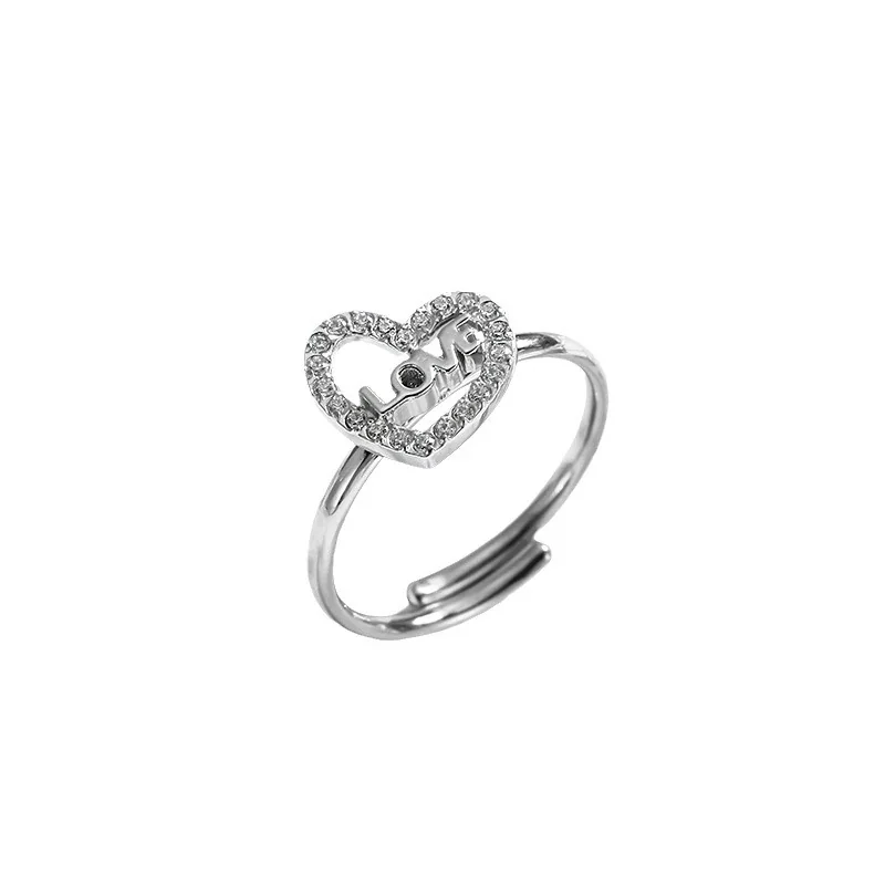 Ring with Adjustable Band, Crystal Heart Motifs, Stainless Steel