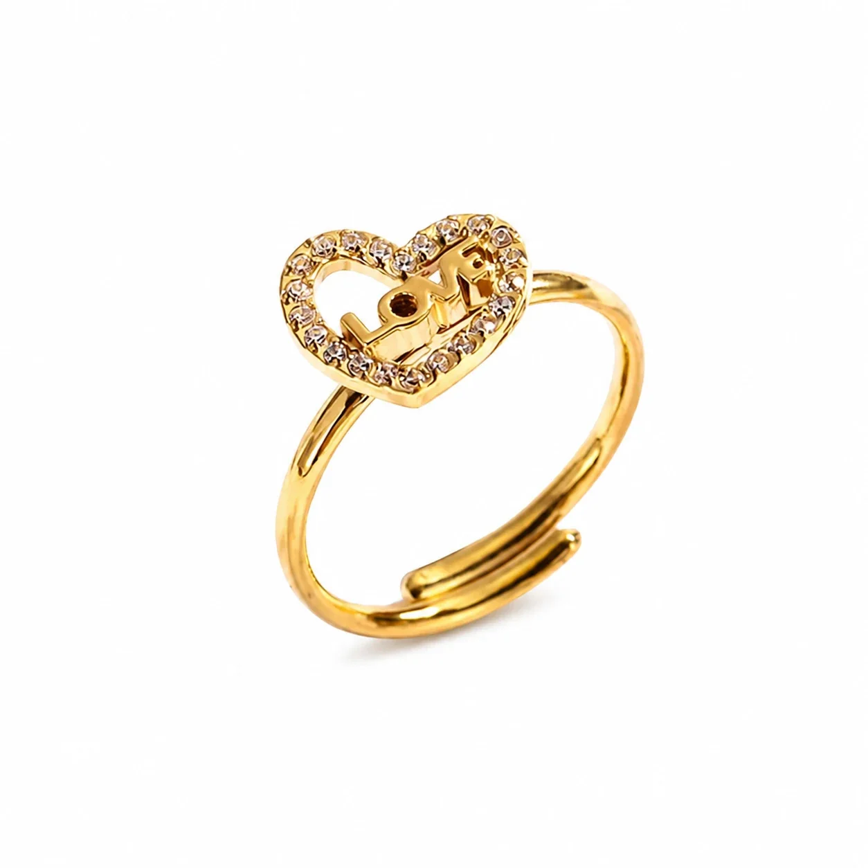 Ring with Adjustable Band, Crystal Heart Motifs, Stainless Steel - Gold Love