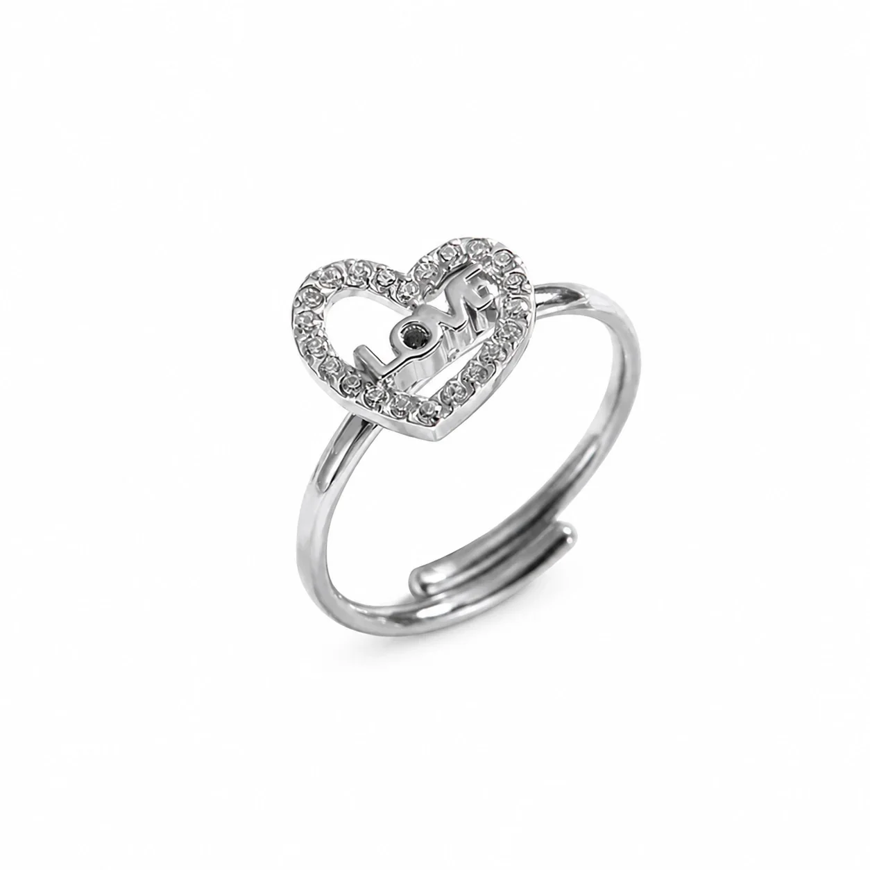 Ring with Adjustable Band, Crystal Heart Motifs, Stainless Steel - Silver Love