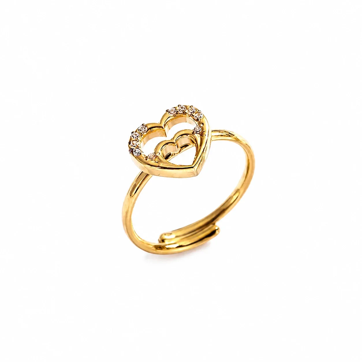 Ring with Adjustable Band, Crystal Heart Motifs, Stainless Steel - Gold Double Heart