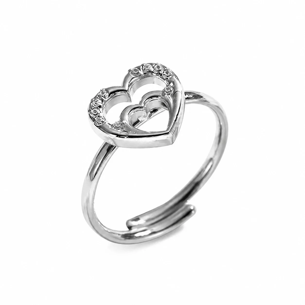 Ring with Adjustable Band, Crystal Heart Motifs, Stainless Steel - Silver Double Heart