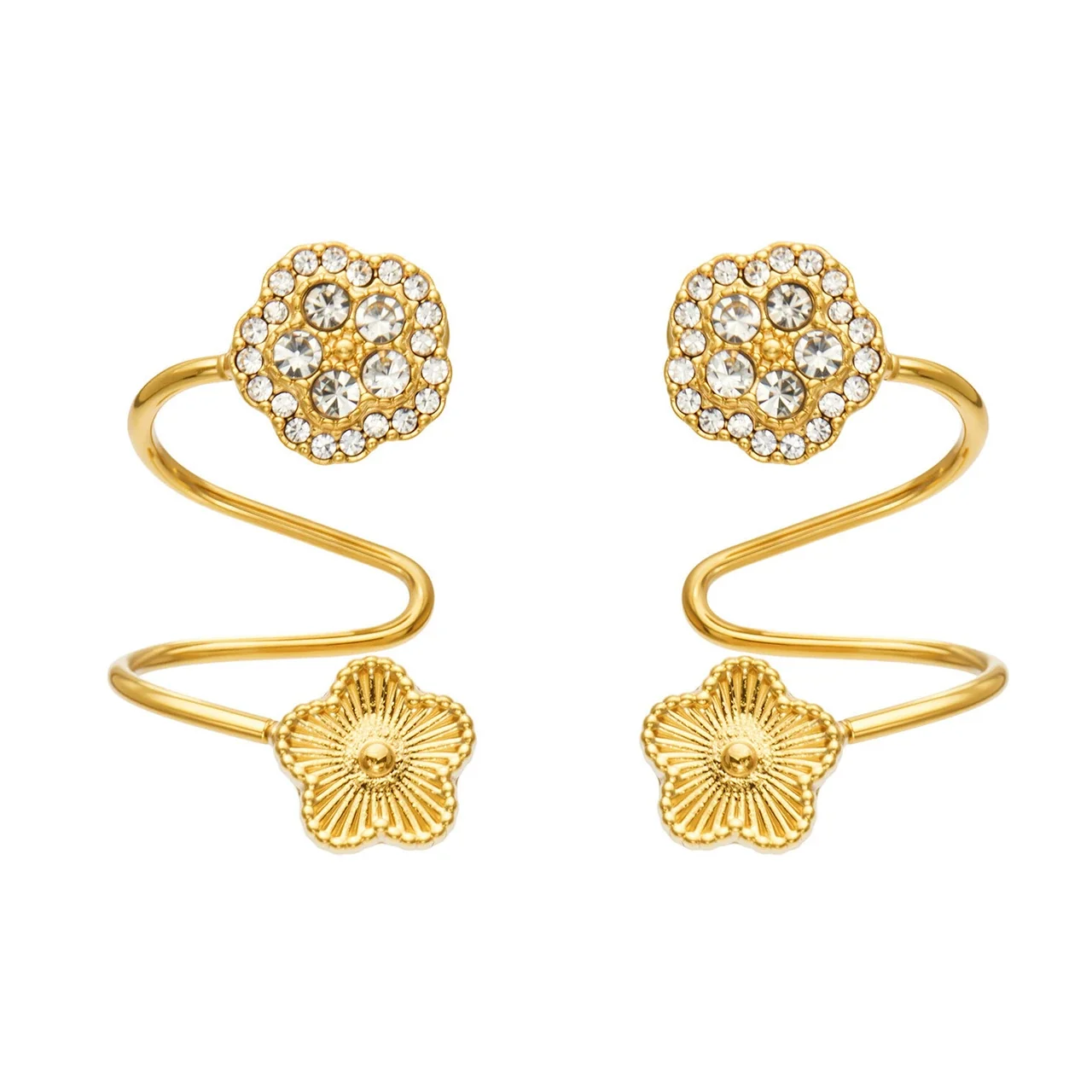 Ear Cuffs with Cubic Zirconia Flower and Ribbed Bloom Gold PVD