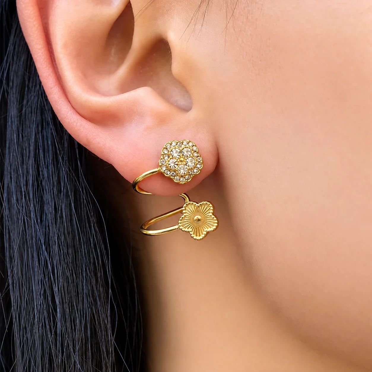Ear Cuffs with Cubic Zirconia Flower and Ribbed Bloom Gold PVD