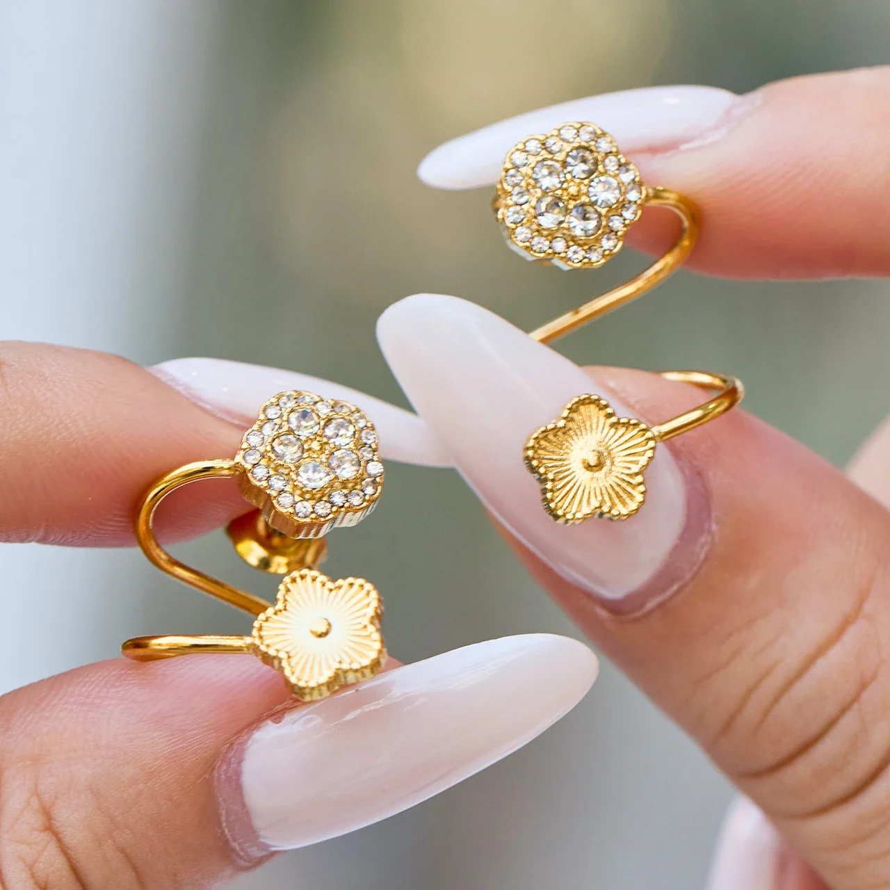 Ear Cuffs with Cubic Zirconia Flower and Ribbed Bloom Gold PVD