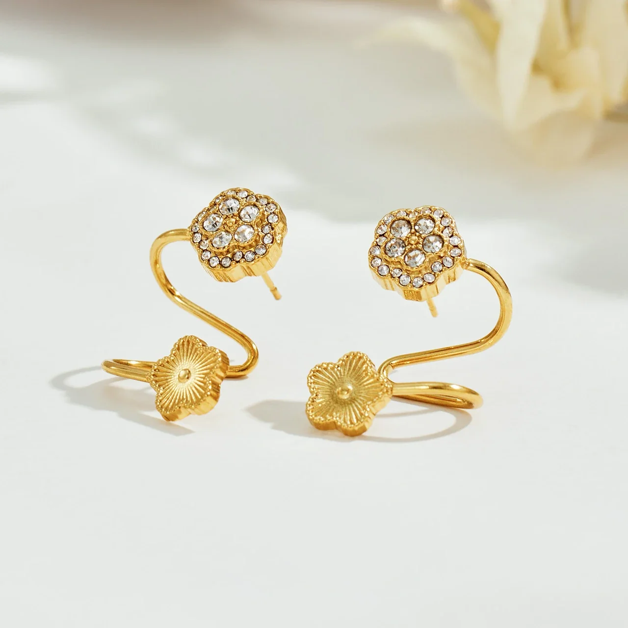 Ear Cuffs with Cubic Zirconia Flower and Ribbed Bloom Gold PVD