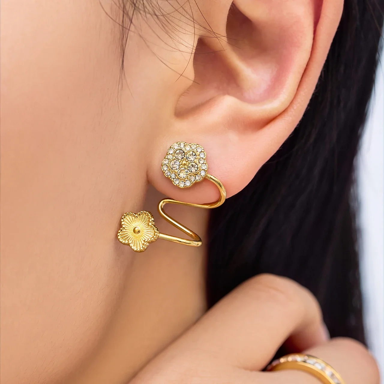 Ear Cuffs with Cubic Zirconia Flower and Ribbed Bloom Gold PVD