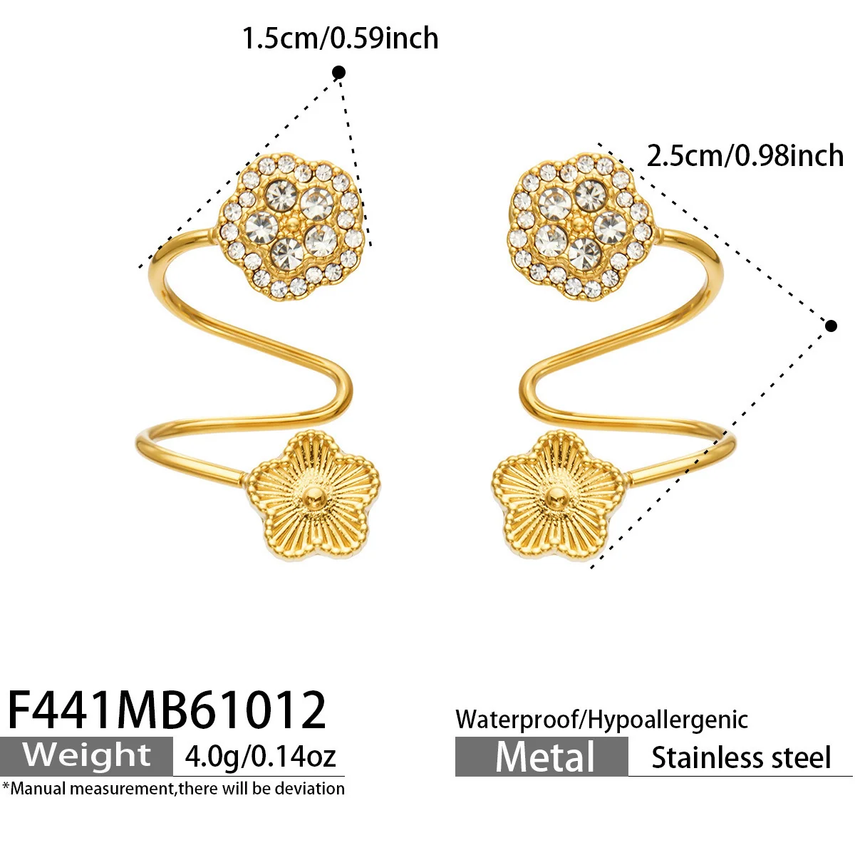 Ear Cuffs with Cubic Zirconia Flower and Ribbed Bloom Gold PVD - Dimensions