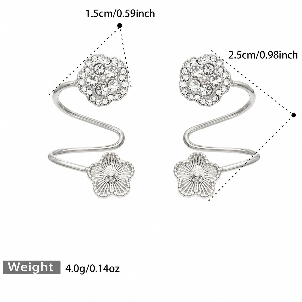 Ear Cuffs with Cubic Zirconia Flower and Ribbed Bloom Gold PVD - Silver