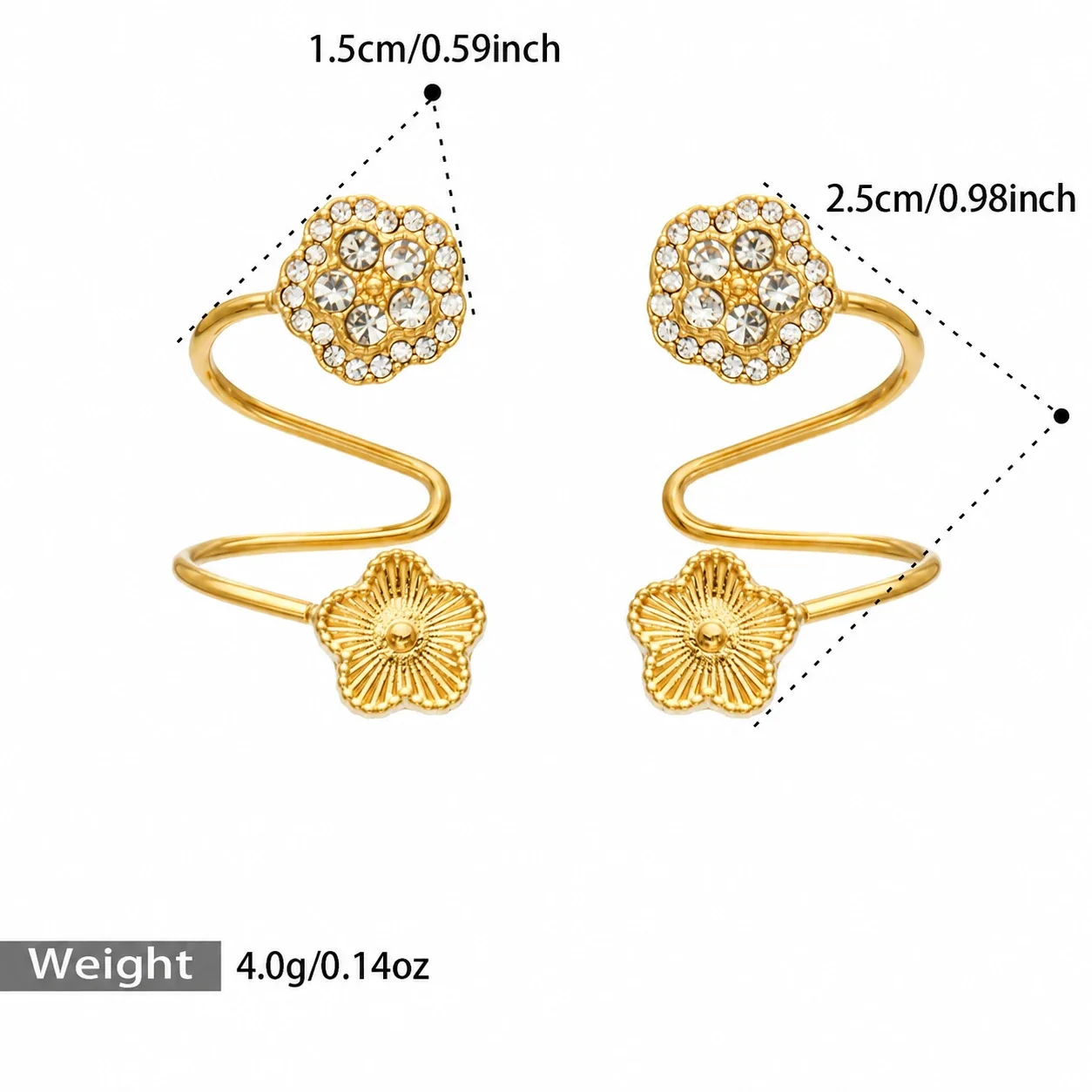 Ear Cuffs with Cubic Zirconia Flower and Ribbed Bloom Gold PVD - Gold