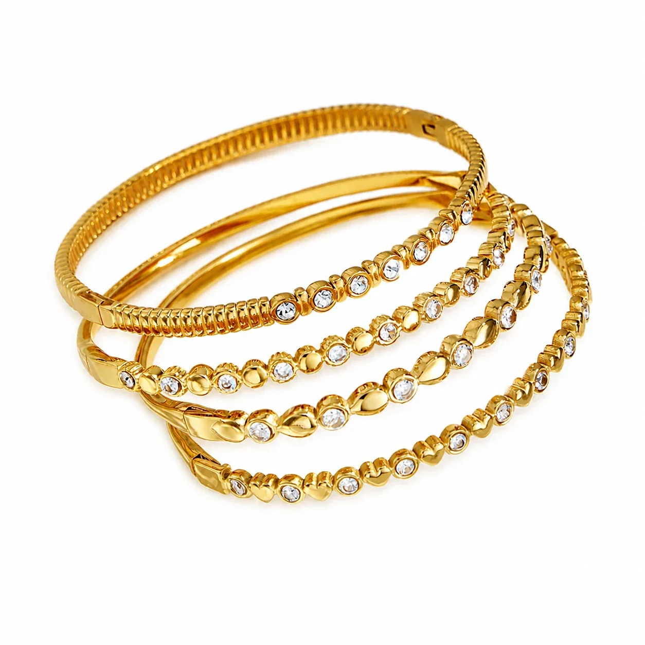 Layered 18K Gold PVD Bezel CZ Stainless Steel Bangle Bracelet