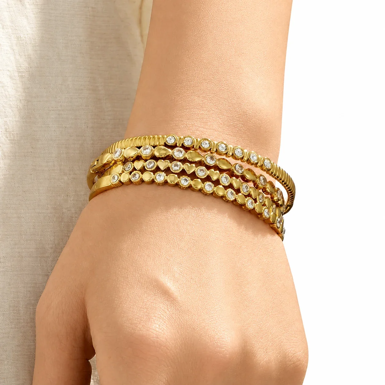 Layered 18K Gold-Plated Bezel CZ Bangle Bracelet