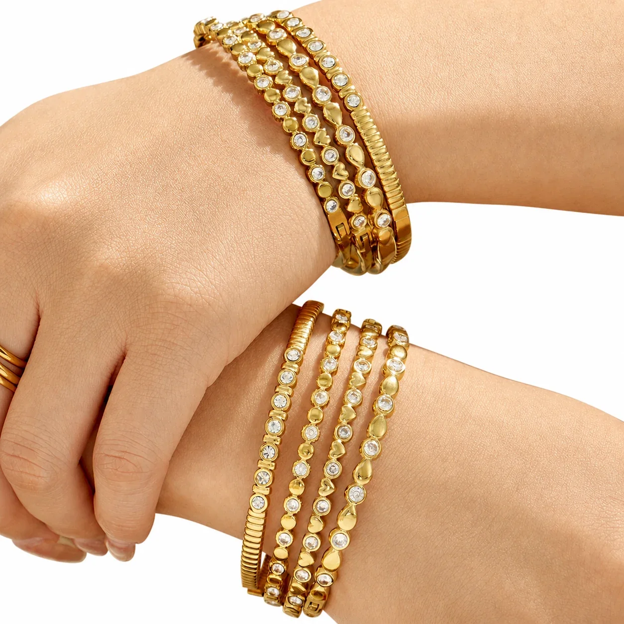 Layered 18K Gold-Plated Bezel CZ Bangle Bracelet