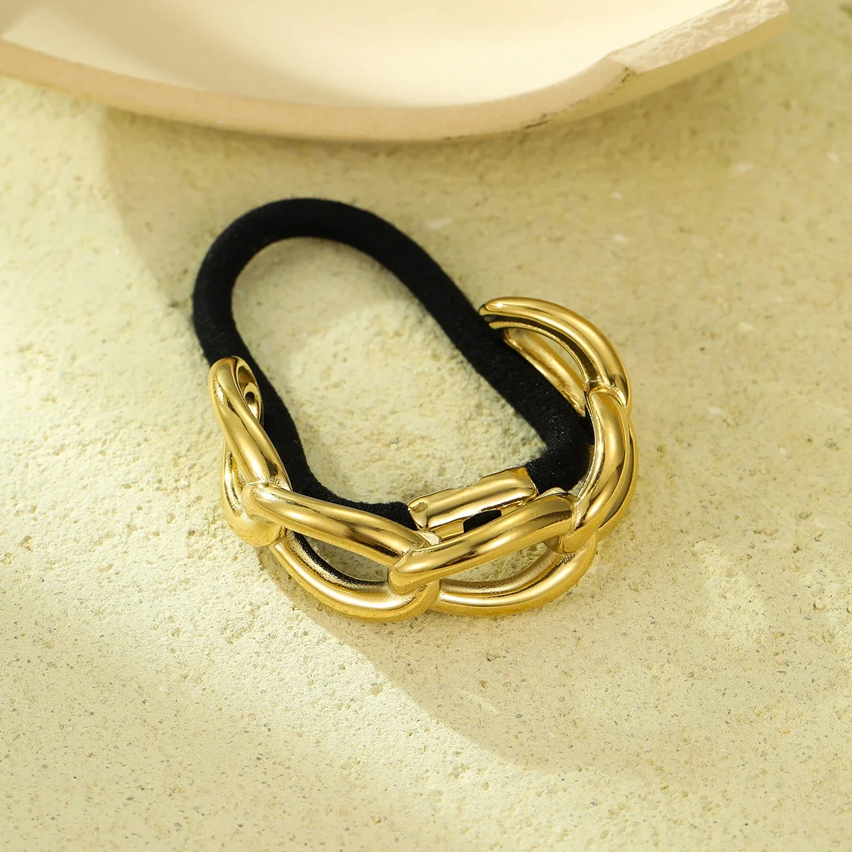 Hair Tie with Interwoven Oval Links, Gold-Plated Steel