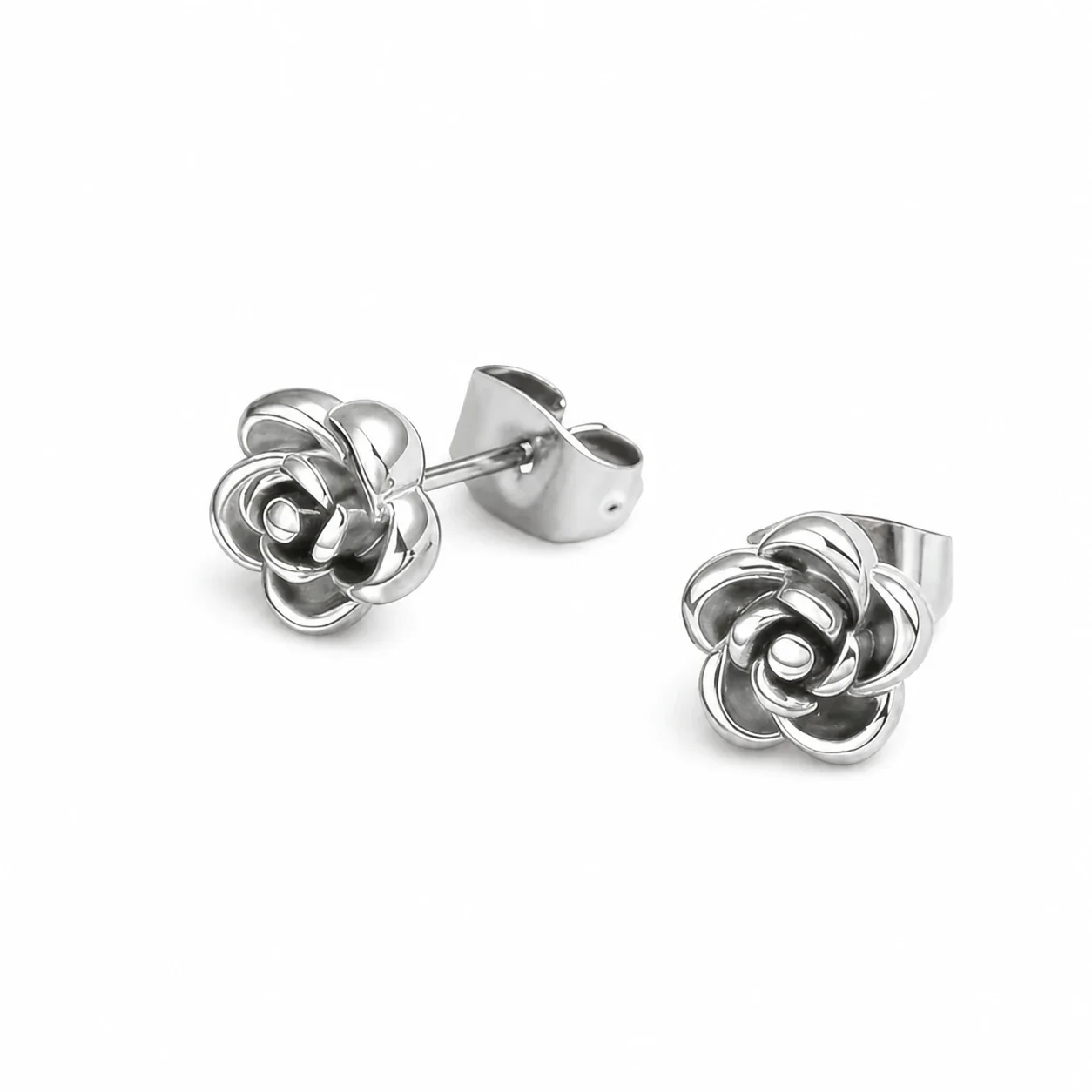 Petite Gold PVD Rose Petal 316 Stainless Steel Stud Earrings - Silver