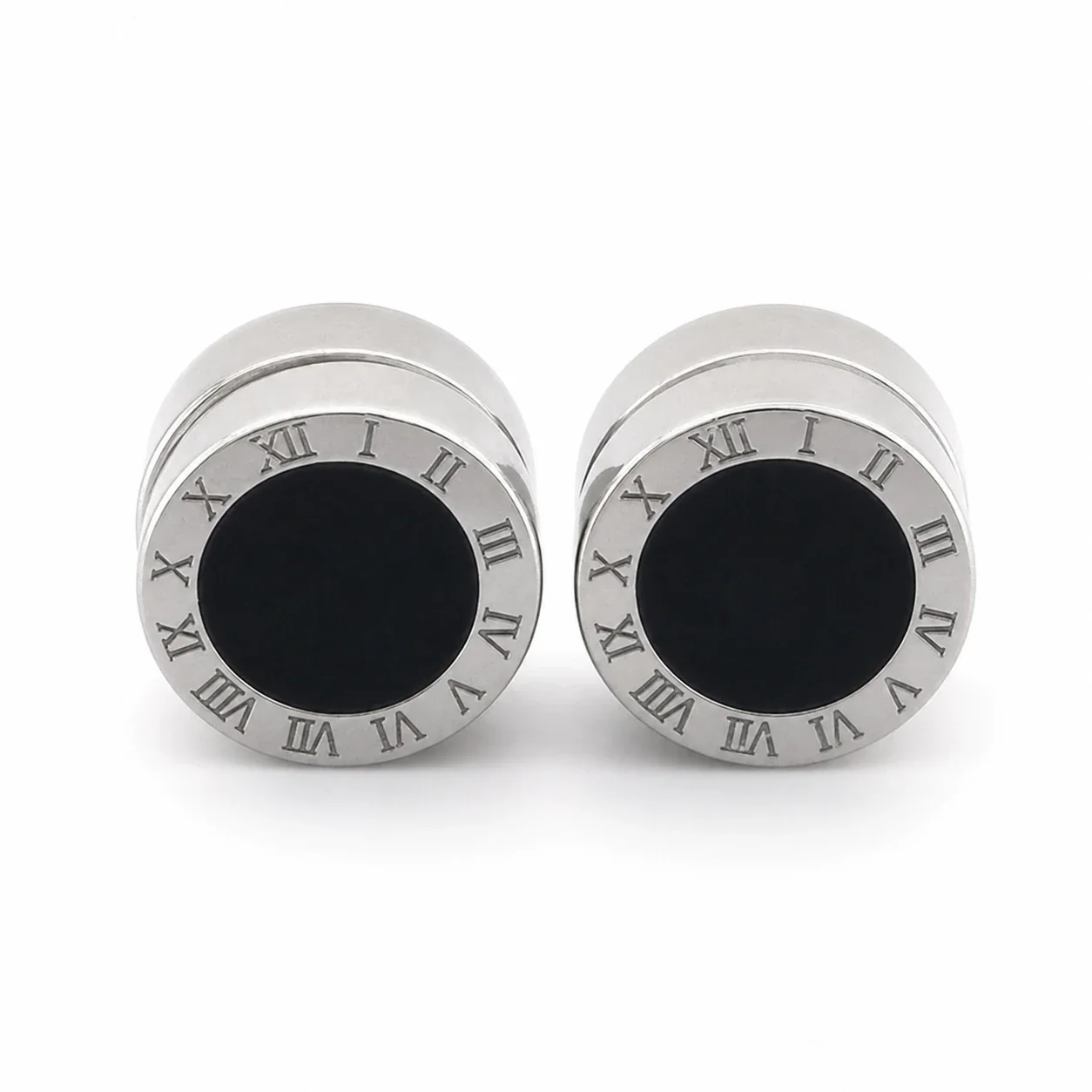 Polished Stainless Steel Roman Numeral Disc Clip Earrings