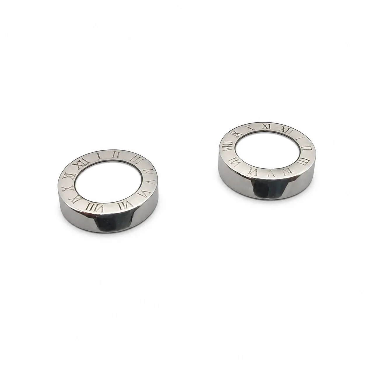 Polished Stainless Steel Roman Numeral Disc Clip Earrings