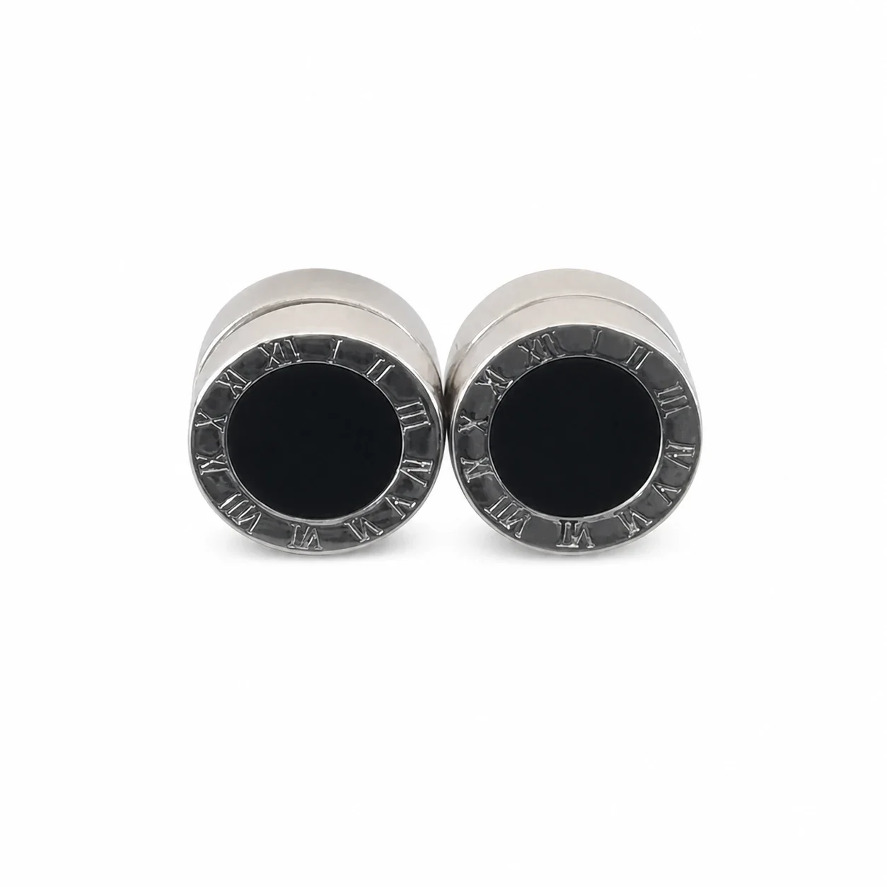 Polished Stainless Steel Roman Numeral Disc Clip Earrings - Silver