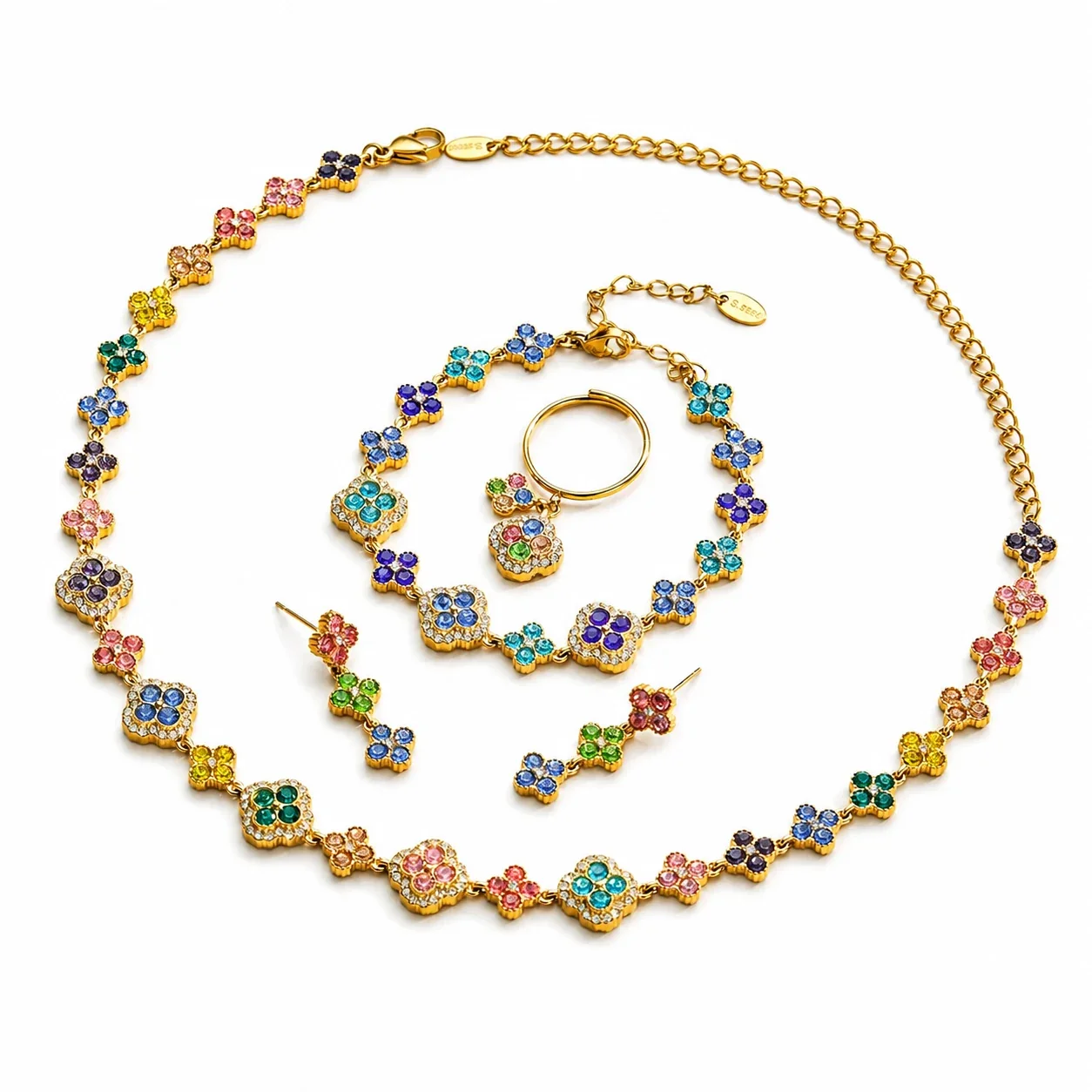 Ornate 18K Gold-Plated Clover & Pavé CZ Jewelry Set
