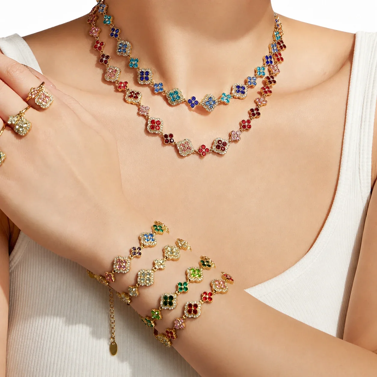 Ornate 18K Gold-Plated Clover & Pavé CZ Jewelry Set