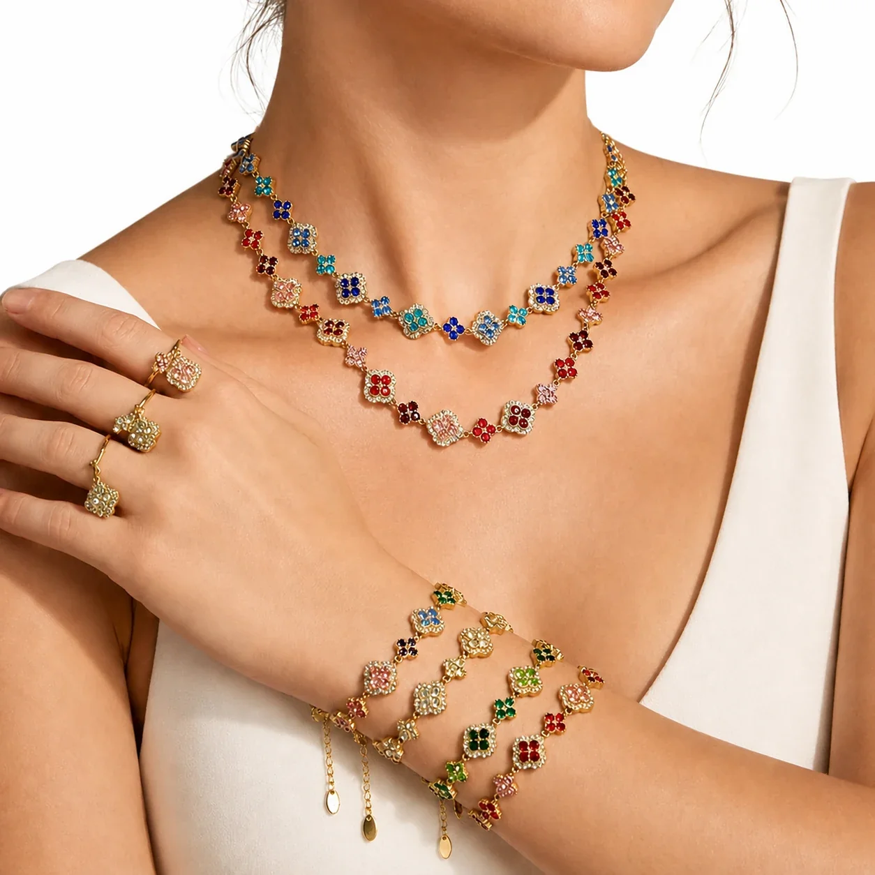 Ornate 18K Gold-Plated Clover & Pavé CZ Jewelry Set