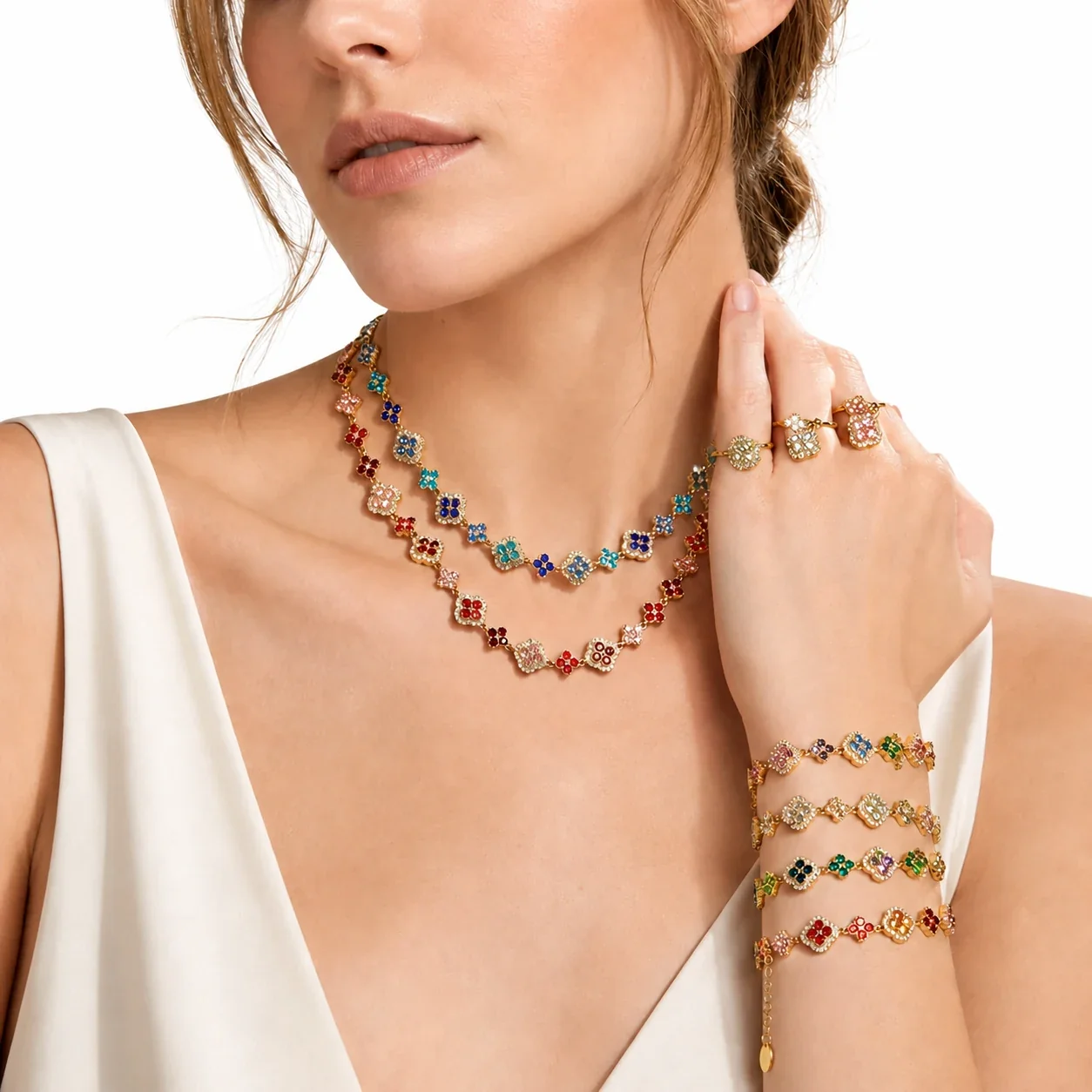 Ornate 18K Gold-Plated Clover & Pavé CZ Jewelry Set