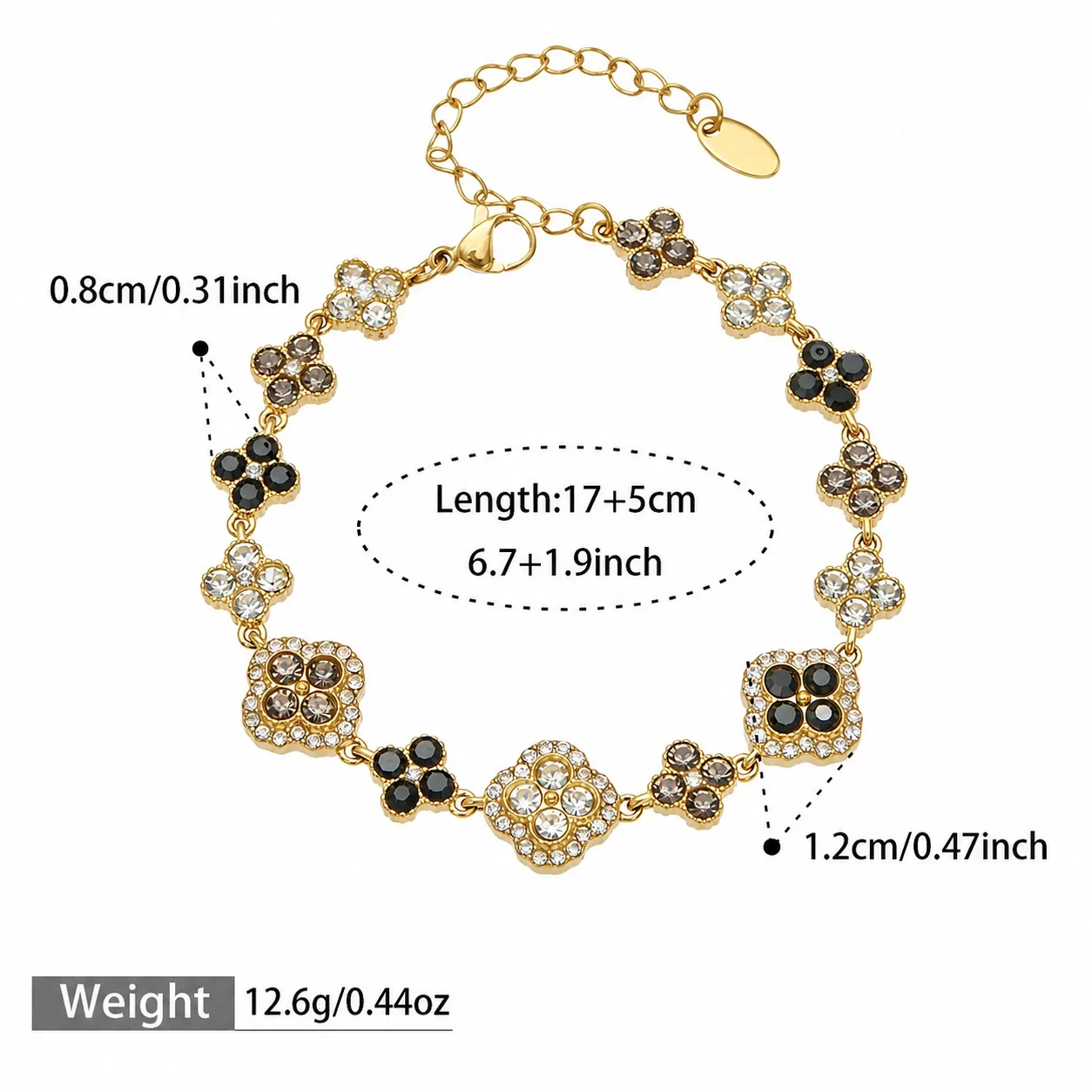 Ornate 18K Gold-Plated Clover & Pavé CZ Jewelry Set - Gold Black Grey CZ + cm