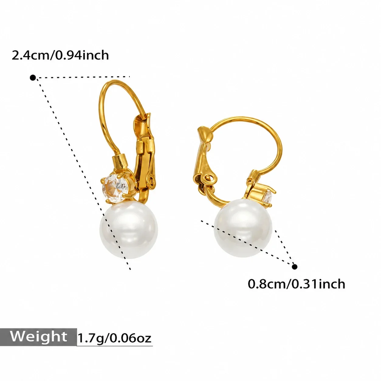 Druppeloorbellen met schelpparels, ronde zirkonia en 18K goud PVD productfoto