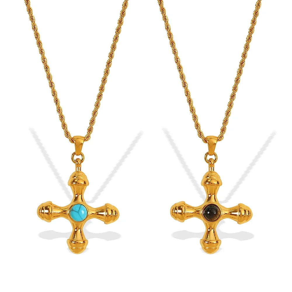 Cross Pendant Necklace, Round Inlay, Gold-Plated Stainless Steel