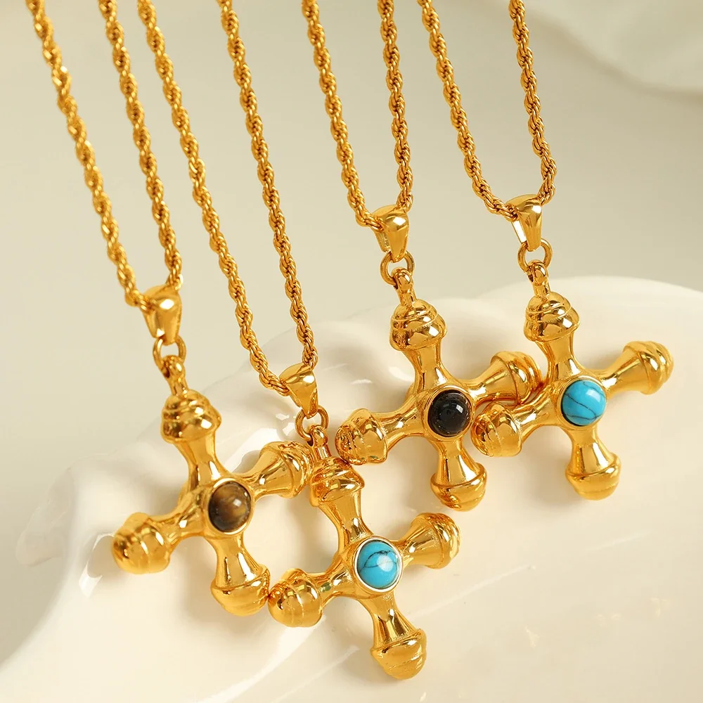 Cross Pendant Necklace, Round Inlay, Gold-Plated Stainless Steel