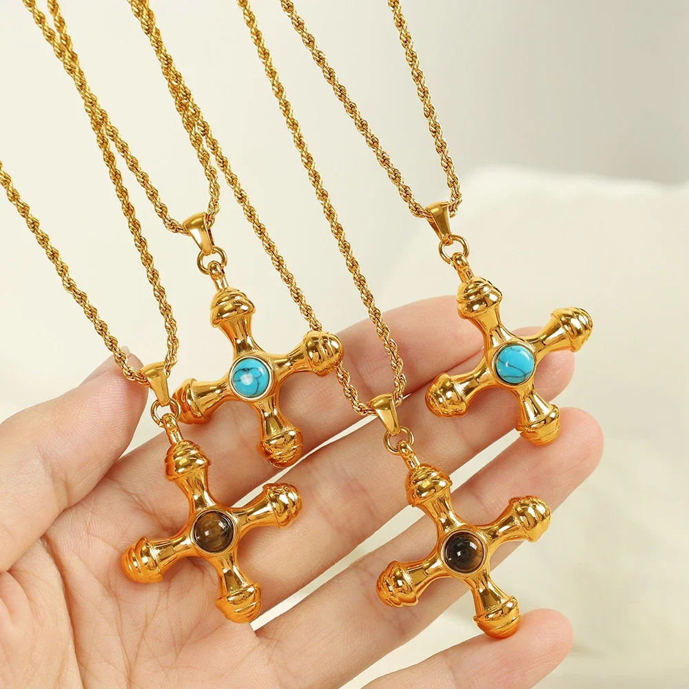 Cross Pendant Necklace, Round Inlay, Gold-Plated Stainless Steel