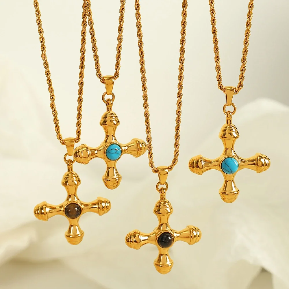 Cross Pendant Necklace, Round Inlay, Gold-Plated Stainless Steel