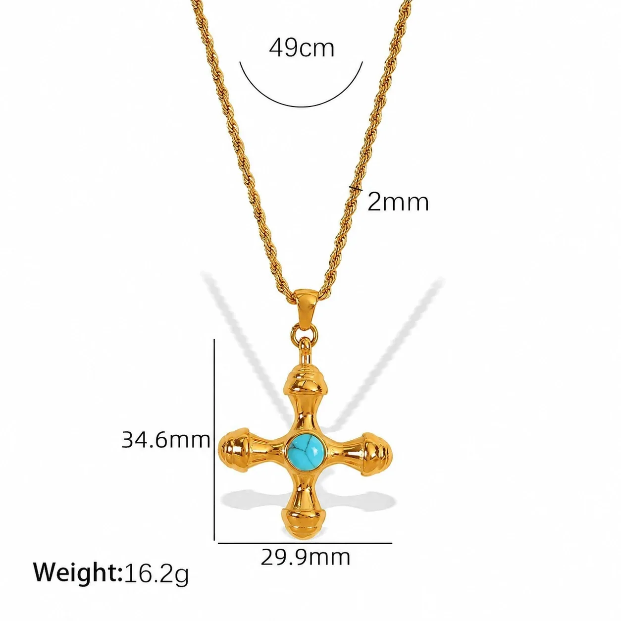 Cross Pendant Necklace, Round Inlay, Gold-Plated Stainless Steel - Gold Turquoise