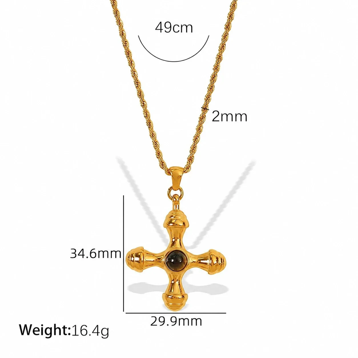 Cross Pendant Necklace, Round Inlay, Gold-Plated Stainless Steel - Gold Tiger's Eye
