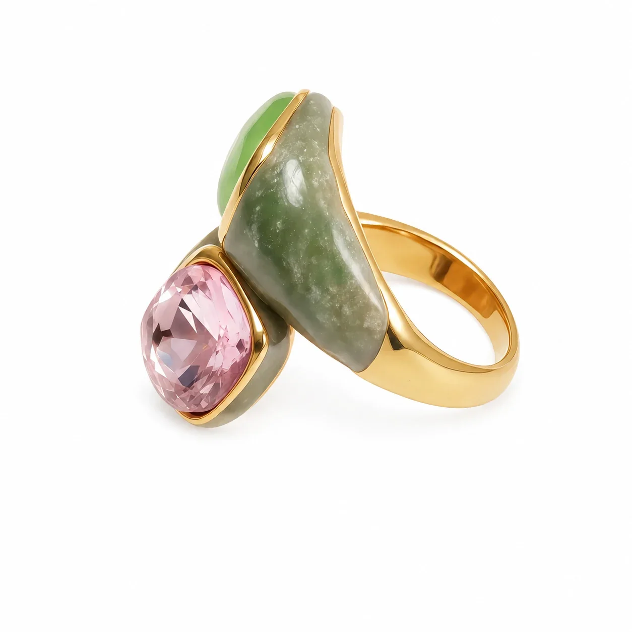 Sculptural 316 Gold PVD Cabochon Statement Ring - Gold Green Pink