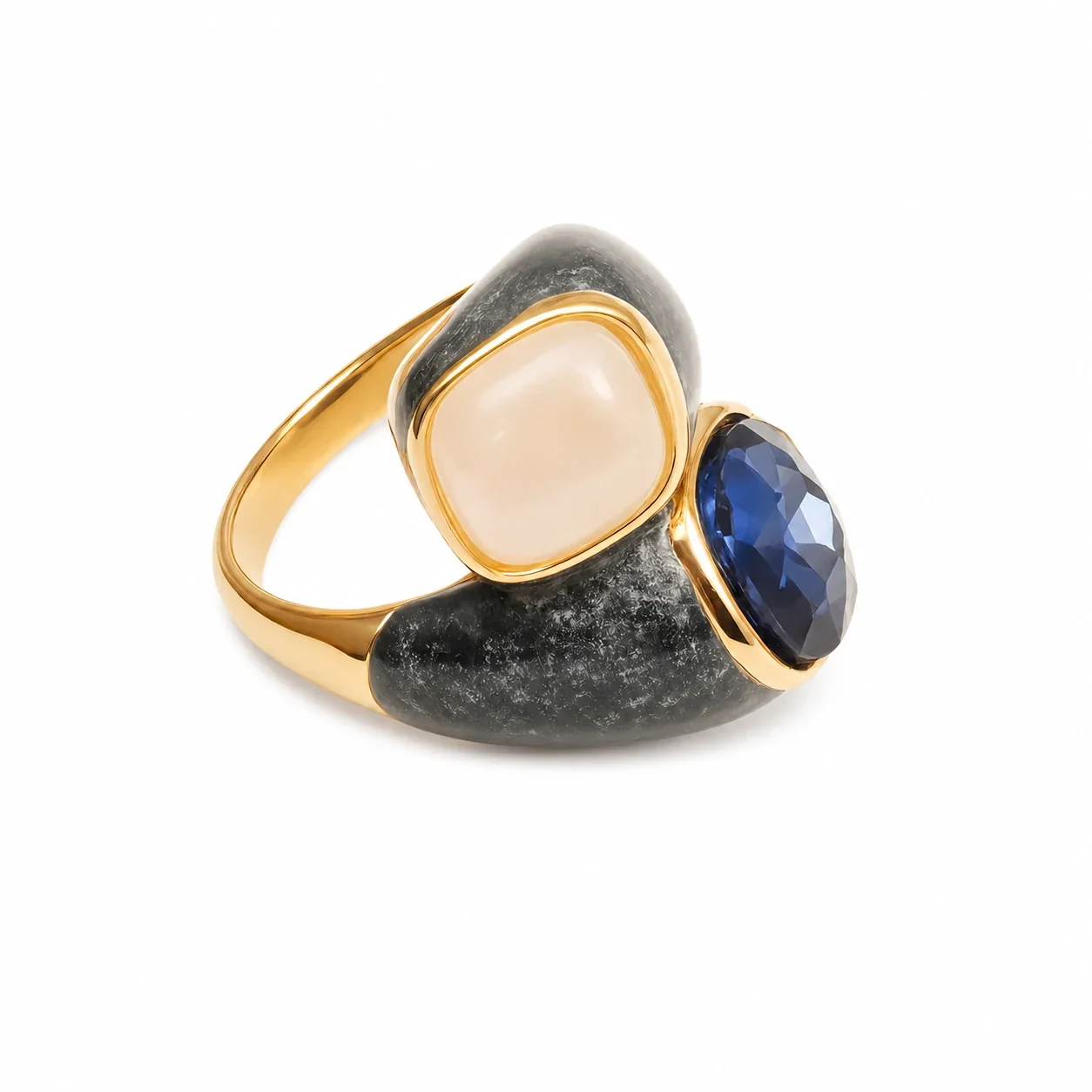 Sculptural 316 Gold PVD Cabochon Statement Ring - Gold Black Beige