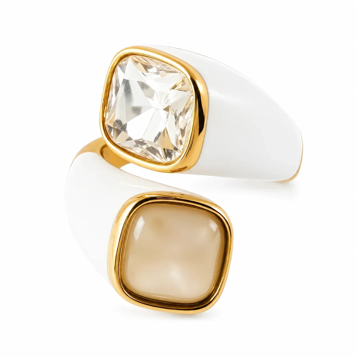 Sculptural 316 Gold PVD Cabochon Statement Ring - Gold White Beige