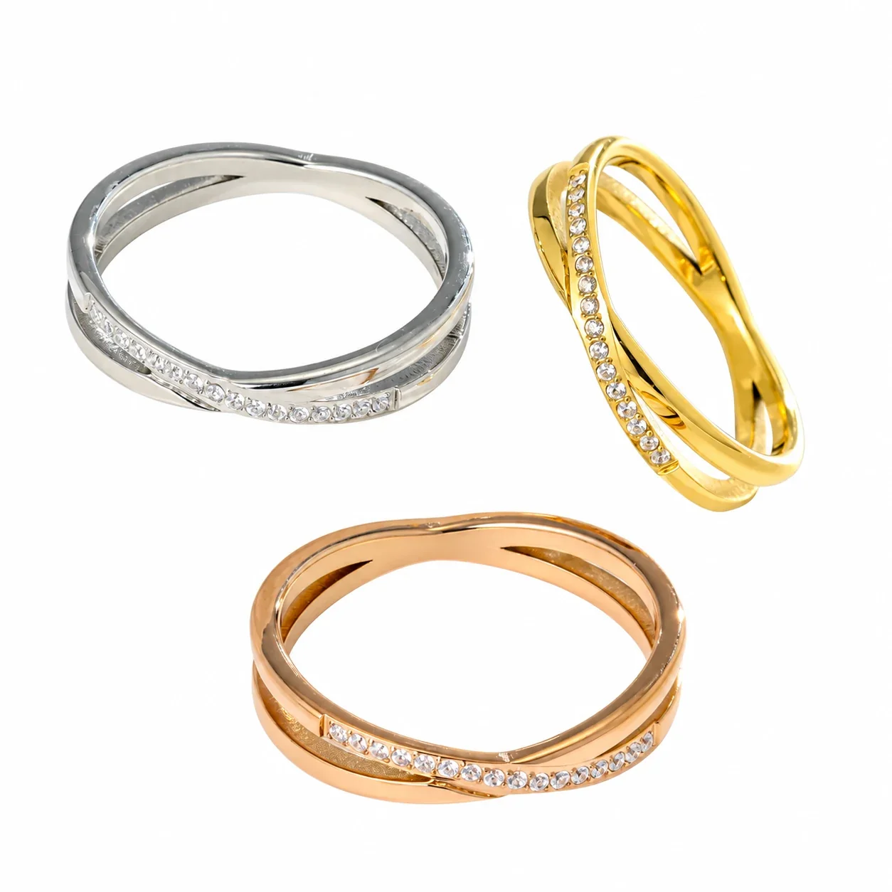 Cross-Over Pavé Crystal Band Ring, Stainless Steel