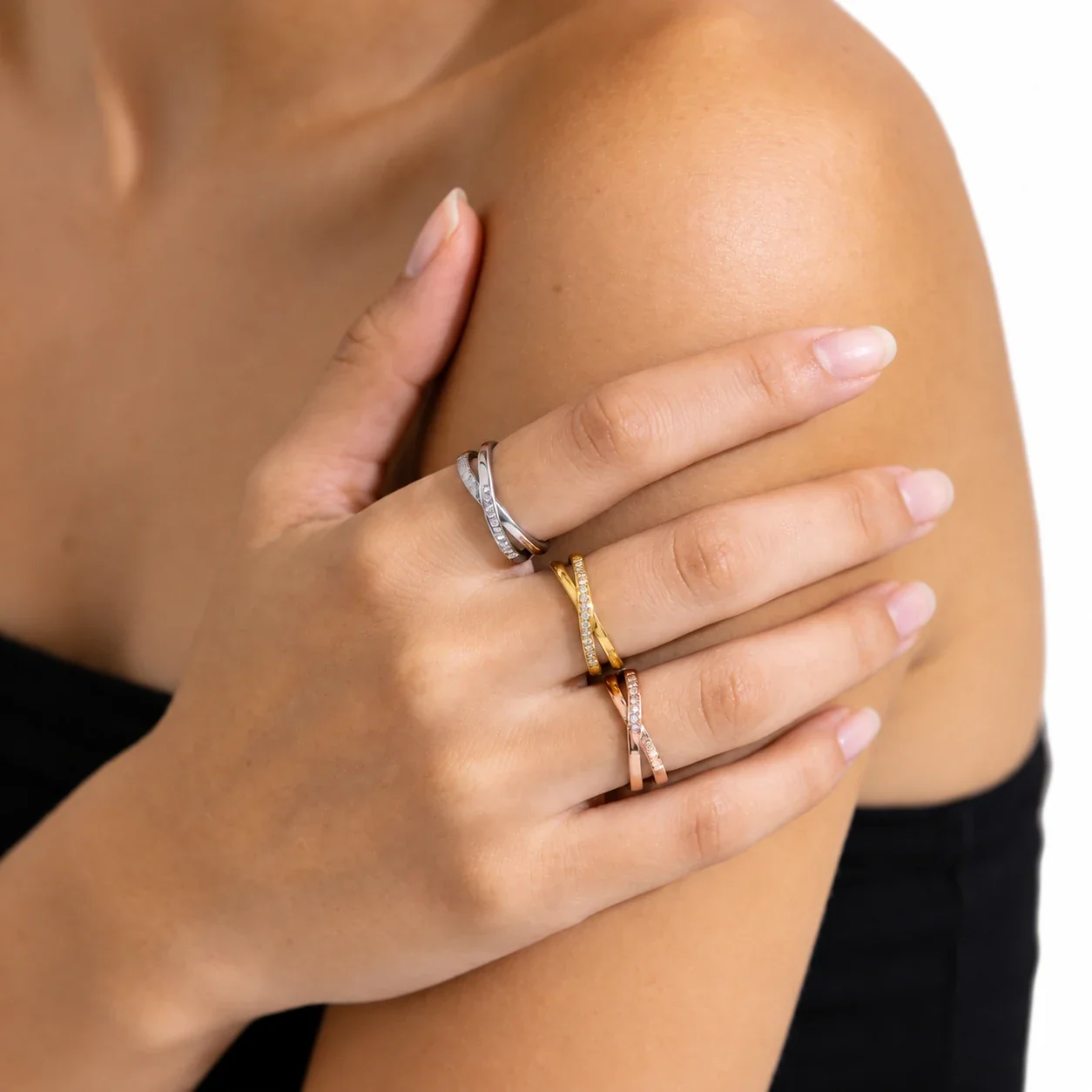 Cross-Over Pavé Crystal Band Ring, Stainless Steel