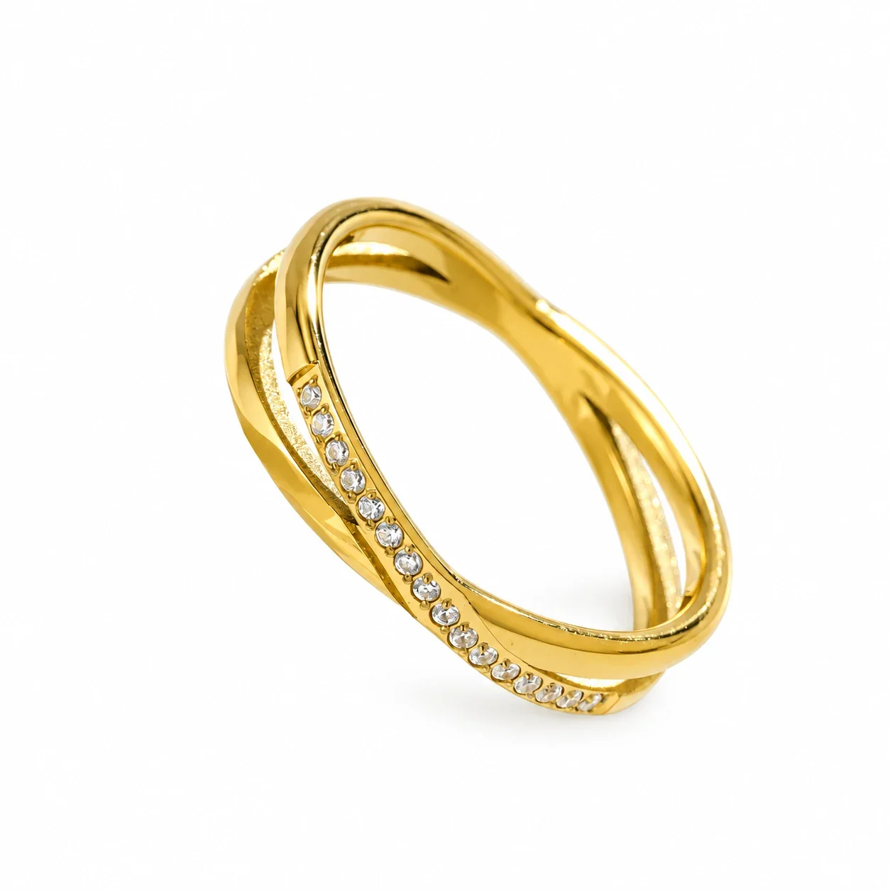 Cross-Over Pavé Crystal Band Ring, Stainless Steel - Gold