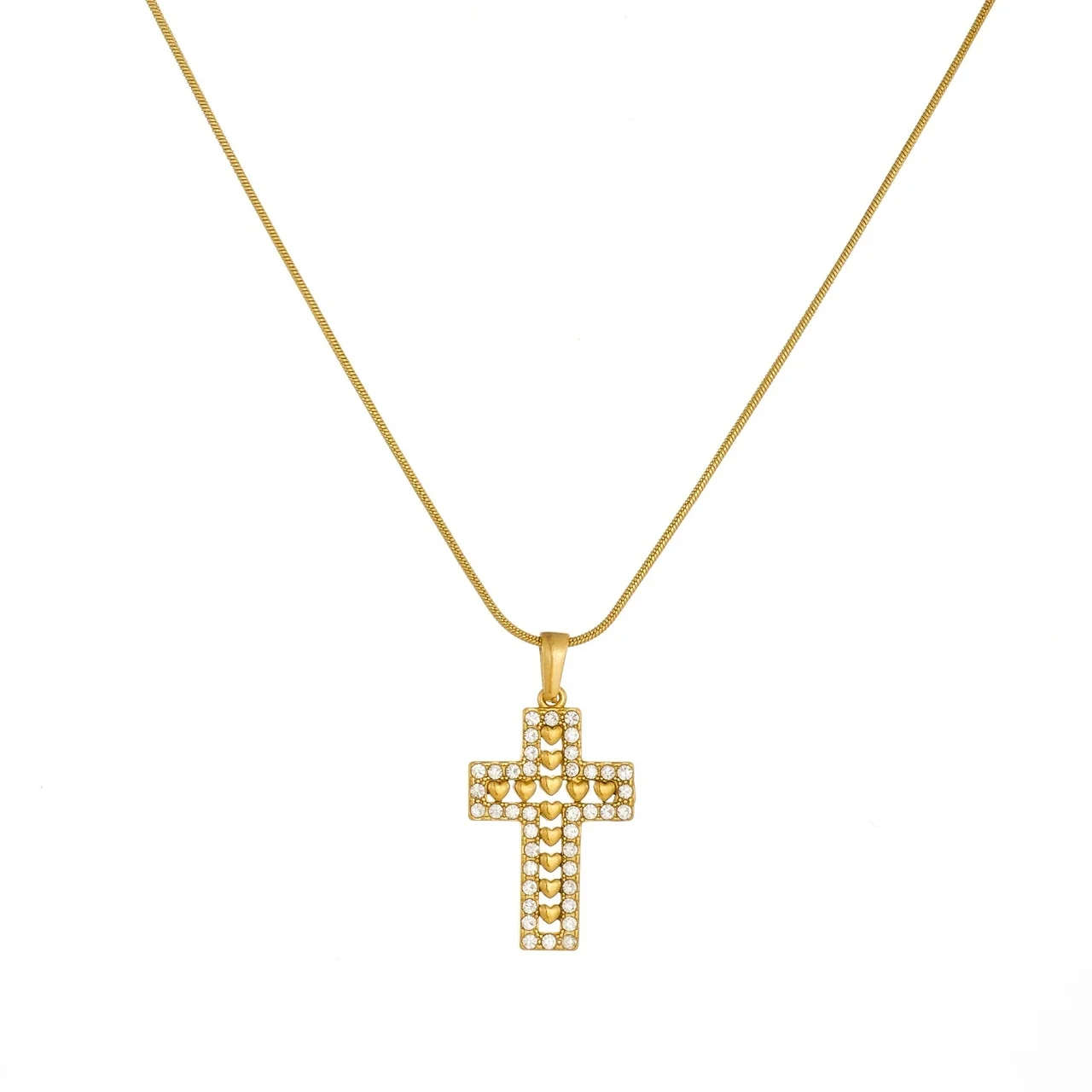 Cross Necklace with Heart Motif and Crystal Border, Gold-Plated