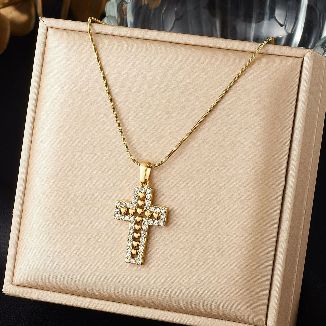 Cross Necklace with Heart Motif and Crystal Border, Gold-Plated